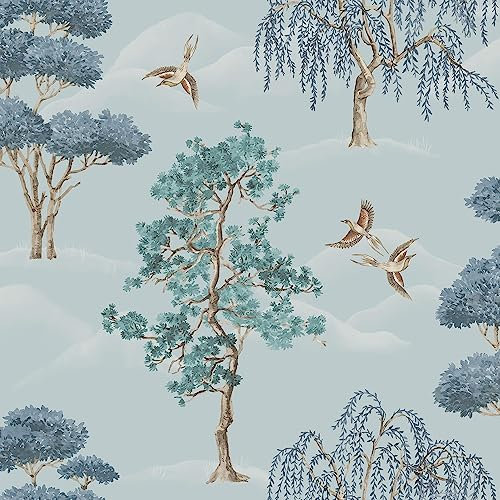 Maya Willow Woodland Trees Birds Powder Blue Wallpaper - Naturistic Floral - Modern Contemporary Feature Wall