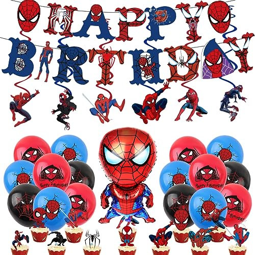Spiderman Geburtstagsdeko, Deluisho Spiderman Deko Geburtstag Kinder Spiderman Party Dekorationen Spiderman Luftballons, Spiderman Deko Einschließlich Geburtstagskuchen Einsätze, Geburtstag Wimpel