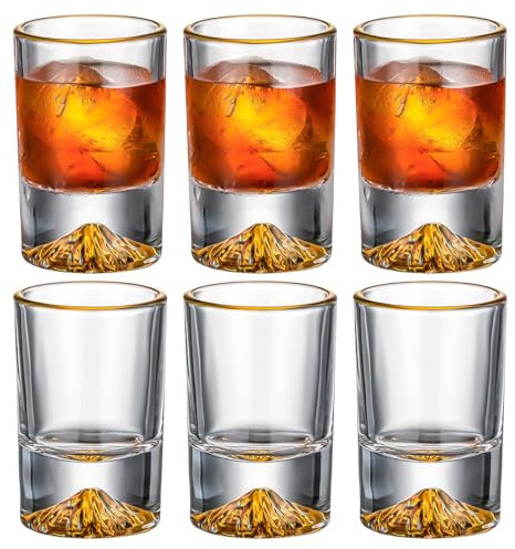PTSTING Shot Glasses 1.5 oz Shot Glass Set with Gold Peaks Mountain Base 6 Pack Clear Shot Glass Bulk Gold Rim Mini Glass Cups for Whiskey, Tequila, Vodka, Spirits & Liquors