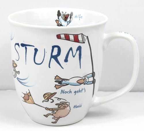 Witziger maritimer Becher Sturm 400ml Sprüche Tasse Plattdeutsch Kaffeebecher Comic