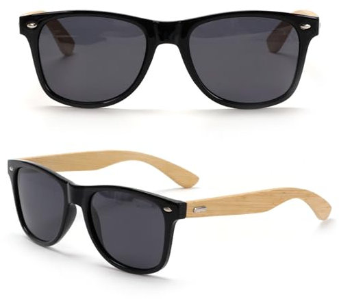 VANANA Classic Retro Sunglasses Vintage Black Square Frame for Men Women Outdoor Fishing Driving Climbing Unisex (Bamboo Wood Legs-Grey Polarised Lens, Pack of 1 Pair)