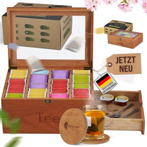 NATURSCHMIED Premium Teebox Set aus Kirsch Holz mit 20 flexiblen Fächern und Sichtfenster(22,5x31x15cm) - [Extra große Schublade + Einzigartige Kirschholz Untersetzer] - edle Teeaufbewahrung