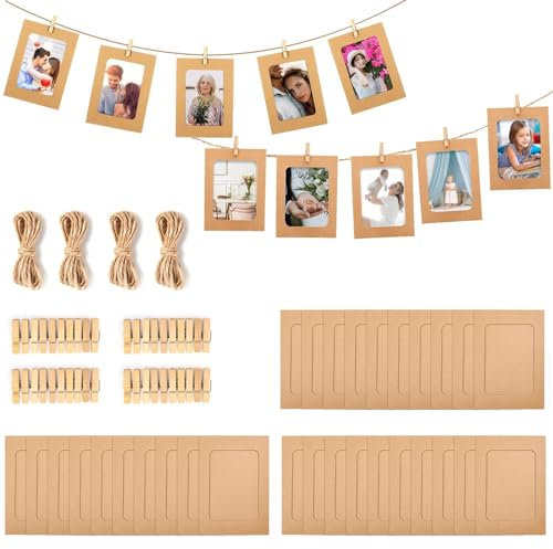 qhklew 30 Pcs Braun Papier Fotorahmen,10x15 cm Kraftpapier Bilderrahmen, Bilderrahmen aus Pappe 6x4 in Zum Aufhängen, mit Mini Holzklammern und Hanfseilen, für Wanddekoration, DIY Kreative, Brown
