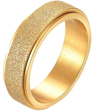 Mesnt Damen Ringe Edelstahl, Frosted Fidget Spinner Ring 6MM aus 316L Edelstahl für Frauen Gold, Größe 49 (15.6)