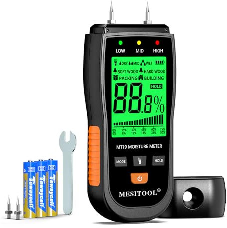 Feuchtemessgerät, Holzfeuchtemessgerät für Wände Trockenbau Beton, Brennholz Feuchtemessgerät Hartholz Schnittholz Boden Teppich Wasserleckdetektor für Holzscheite (MT19)