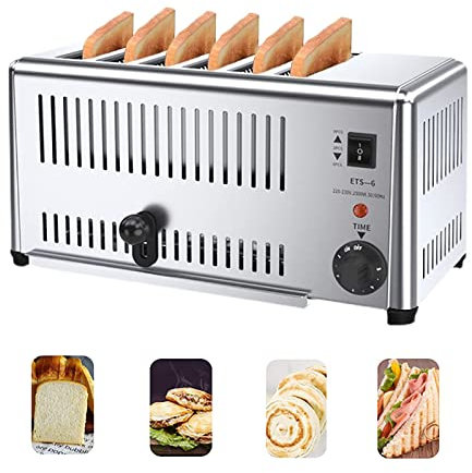 Stainless Steel Toaster 6 Slice, 1800W/2500W Toaster with Removable Crumb Tray for Various Bread Types - Commercial Grade Option