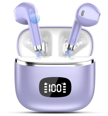Cuffie Bluetooth, Auricolari Bluetooth 5.3 Stereo HiFi con 4 ENC Mic, 40 Ore di Durata, Cuffiette Bluetooth Cancellazione Rumore con LED Display, Touch Control, IPX7 Impermeabili Cuffie Wireless,Viola
