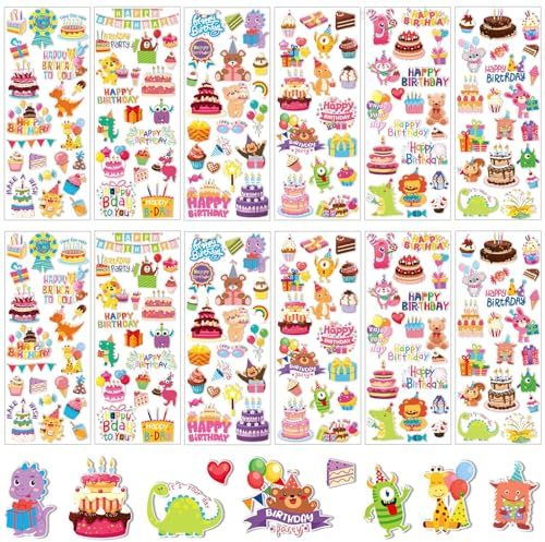 UPINS Geburtstag Sticker für Kinder - 12 Blatt Happy Birthday Aufkleber 3D Niedliche Aufkleber für Party Deko