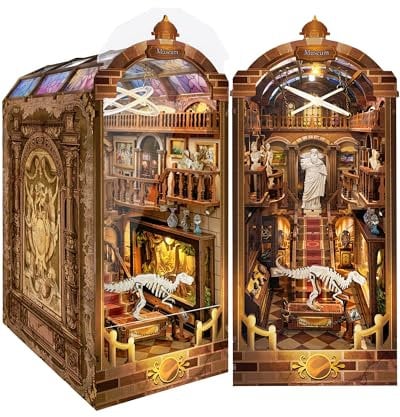 Quanquer DIY Book Nooks Kit for Adults_with Dust Cover and LED Lights 3D Wooden Puzzle Miniature House Bookends Nook Book Christmas Birthday Ideas Gifts for Teens(Museums)