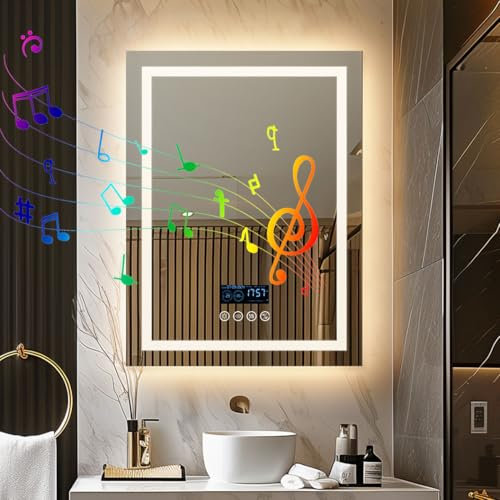 LUVODI Bathroom Mirror with LED Lights: 600x800mm Wall Illuminated Mirror with Bluetooth Dimmable 3 Colours Front Light + Backlit, Anti-fog, Memory Function, Time Temperature Display