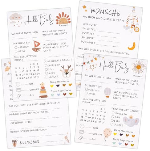 Babyparty Spiele Karten - 20 Babyparty Karten zum Ausfüllen für Gender Reveal (2 Stile) - Babyshowerparty Spiele für Junge und Mädchen - Babyparty Ratespiel Karten - Beidseitig Bedruckt - Deutsch