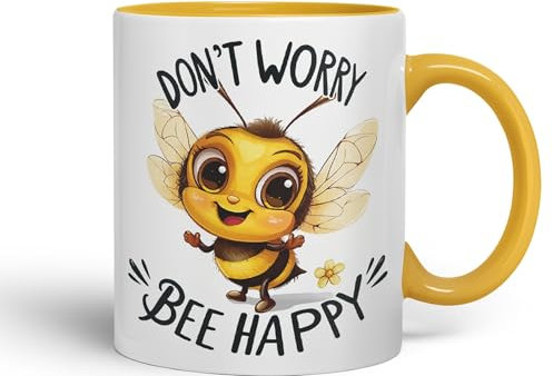 Vixar Don’t Worry Bee Happy Bees Joke sarkasm Sarcastic Ceramic Coloured Mug Cup for Tea Coffee Hot Brew 330ml 11Oz Gift (G Yellow)