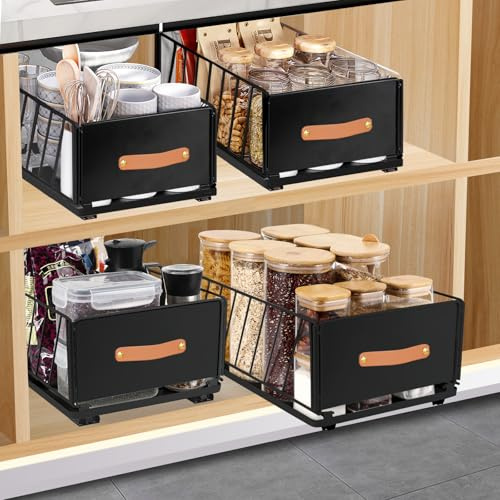 Pavlleen Teleskopschublade, Ausziehbarer Schrank Schwarz, 40x15.5x25cm | Organizer, für Kabinett Metall Slide Out Organizer mit Griff Küche Aufbewahrungsregal Klebebänder Korb Schublade für Schrank