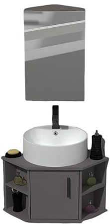 Lave Main d'angle, Ensemble Meuble d'angle sous Lavabo Salle, Meuble Salle De Bain d'angle avec Vasque Et Miroir, pour Salle De Bain Vestiaire WC(Gray-A)