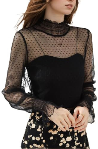 EMOTTOS Tops de Encaje Sexy de para Mujer, Camiseta de Malla con Estampado de Lunares Escote Medio Alto, Elegante Festival Camiseta Rejilla Transparente para Señoras, Negro, XL