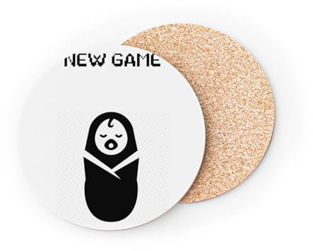 Untersetzer aus Glas, rund, Basis Kork, New Game Baby, Videospiele, Gaming, Humour Drole, 1 Stück (95 x 95 mm)
