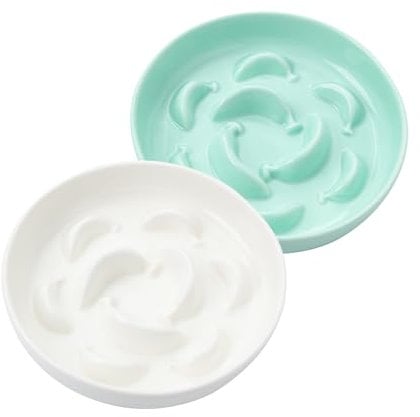 Cat Slow Feeder Bowl Set - 2 Pcs Ceramic Cat Food Plates for Slow Eating - Double Cat Dish For Dry Wet Food - Slow Feeding Cat Bowls Whisker Friendly - Microwave and Dishwasher Safe - White and Green