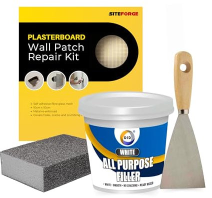 Wall Filler, Wall Repair Patch Kit, 10cm x 10cm Self-Adhesive Patch for Small Wall Repairs - All-Purpose Filler, Filling Tool & Sanding Block - Easy Wall Repair Solution
