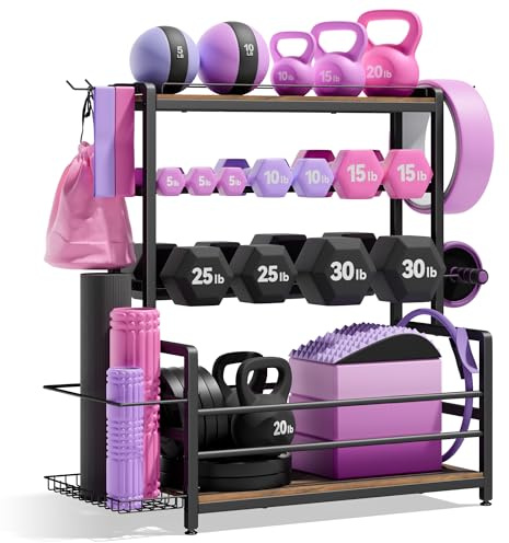 Home Gym Equipment Weight Rack, 3-Tier Storage Stand for Dumbbells & Kettlebells, Medicine Ball Holder, 272 kg Steel Organizer with Yoga Mat Basket, Hooks & Adjustable Feet, 60 × 40 cm