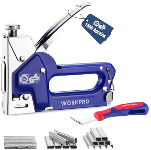 WORKPRO 3-in-1 Handtacker für Holz-Holztacker mit einstellbarer Schusstiefe | 1500 Klammern inkl. Klammerentferner - Tackerpistole für Möbel, Stoff, Dachpappe