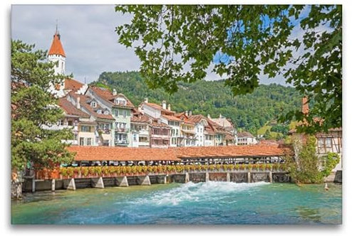 CALVENDO Premium Textil-Leinwand 120 x 80 cm Querformat Altstadt von Thun an der Aare | Wandbild, HD-Bild auf Keilrahmen, Wanddekoration, Kunstdruck von SusaZoom