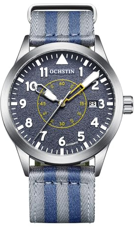 BOLYTE Mechanische Militäruhr für Herren, automatisch, selbstaufziehend, analoges Display mit automatischem Datum, offenes Herz-Design mit hochwertigem Nylonband, N Grey Blue, Militär