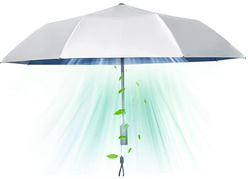 Ruqingg Umbrilla con ventilador UPF 50+ Compact paraguas 8 Ventilador de costillas fuertes con red de seguridad 2600 mAh USB RECARGABLE SUN 3 pliegues portátiles para el día soleado de la lluvia con