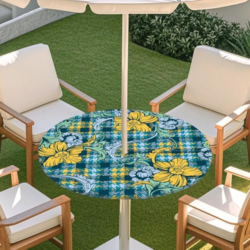Odot Elastische Tischdecke Runde Outdoor mit Loch und Reißverschluss, Wasserdicht Abwaschbar Tischtuch Klassisches Plaid Wetterfest Gartentischdecke für Sonnenschirm (Hahnentrittmuster,M:91-112cm)