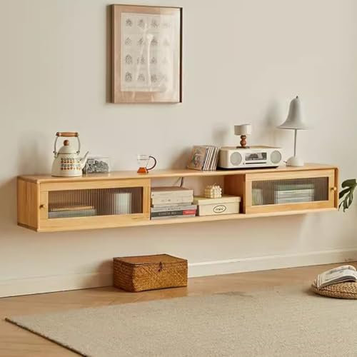 Easnuroz Meuble TV Flottant Meuble TV Mural 120/150/180cm Avec Armoire Meuble TV En Bois Massif Suspendu Avec Verre Pour Chambre À Coucher Et Salon Meuble De Divertissement Pour Le Salon, La Chambre E