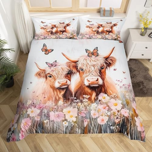 richhome Highland Rindsleder Bettbezug 140 x 200 cm Jungen Mädchen Highland Kuh Bettwäsche für Kinder, Frauen und Männer, ultraweich, Tier, Bettwäsche, Western-Dekoration, Bettbezug