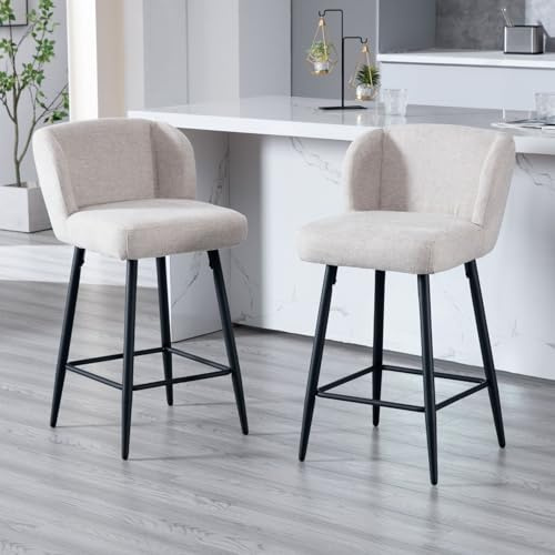 DAYALANE Lot de 2 Tabourets de Bar en Lin Chaises de Bar Rembourrée Tabouret Haut Confortable Pieds en Métal, Oatmeal