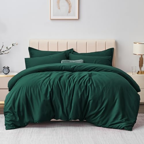 Aisbo Double Duvet Cover Set Emerald Green, Brushed Microfiber Bedding Set | 3Pcs Bedding Double Bed Set Emerald Green Duvet Cover with 2 Pillowcases 50x75cm, Brushed Microfiber Quilt Cover, OEKO-TEX
