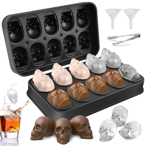 GZLCEU 3D Eiswürfelform Totenkopf,Ice Cube Tray Silikon Skull Ice Cube Mold | 18.4×10.9×4.3cm Totenkopf Eiswürfel für Whiskey, Cocktails, Liköre mit Eiszange und Kleiner Trichter