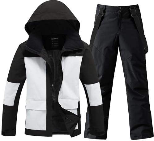 HOTIAN Herren Ski Jacke und Hosen Set Atmungsaktiv Skianzug Wasserdicht Winter Winddicht Schneeanzug mit Abnehmbare Kapuzen Snowboard Sets BK+BK L