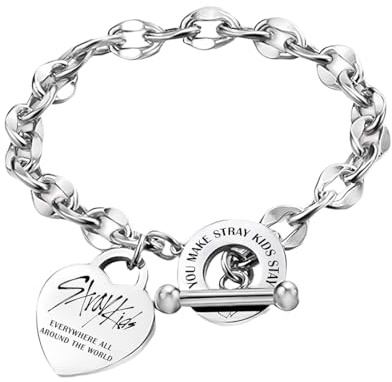 DEFGNOP Stray Silber Edelstahl Armband, Stray Unisex Armband, Kpop Armband mit 1 SKZ Aufkleber und 2 SKZ Photocard, Stray Fanartikel Geschenk für STAY