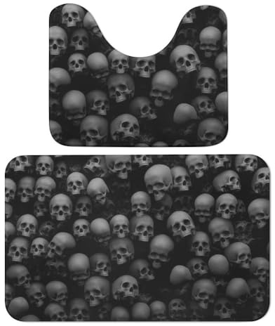 Cmagnifico Badezimmermatte, schwarzer Totenkopf-Badematte, 2er-Set, saugfähig, weich, 1 Badewannenteppich und 1 U-förmiger WC-Vorleger