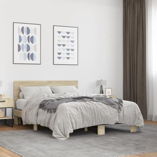 QJBSAVVA Bettgestell 120x190 cm Sonoma Eiche Modernes Holzwerkstoff-Metall Bett Doppelbett für Jugendzimmer Gästezimmer und Schlafzimmer