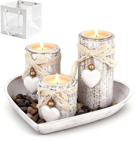 Portavelas de Madera para Velas de te + Piedras Naturales Energéticas, Portavelas de Madera con Bandeja, 3 Velitas Tealights, Ideal para Decoración Centro de Mesa, Salón, Comedor, Terraza, Hogar