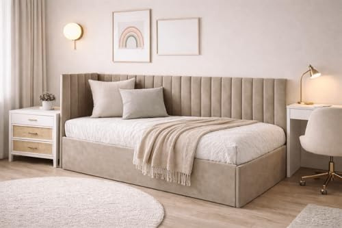 Polsterbett Bruno 120x200 cm, Bettkasten, Riviera-Stoff, Beige | Betten mit Metallrahmen, Jugendbett mit Oeko-Tex, Weicher Stoff