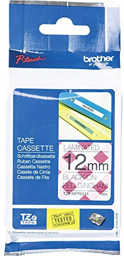 Brother TZe-MPRG31 Labelling Tape Cassette, Black on Red Gingham, 12 mm (W) x 4 m (L), Laminated, Brother Genuine Supplies