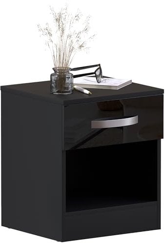 Movian Amazon Brand High Gloss Bedside Cabinet Black, 1 Drawer With Metal Handles and Runners, Unique Anti-Bowing Drawer Support, Bedroom Furniture