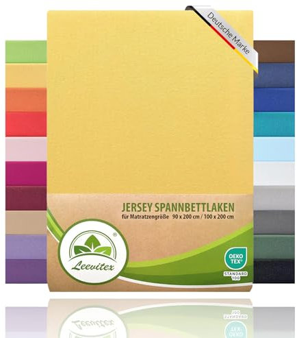 leevitex® Spannbettlaken 90x200cm - 100x200cm | Spannbetttuch Bettlaken | 100% Jersey Baumwolle | Matratzenhöhe bis 25 cm | Öko-tex | Gelb/Mais
