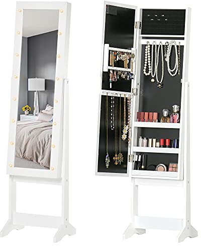 HOMCOM Armadietto Portagioie con Specchio Regolabile e Luci LED, Specchiera Portagioie in Legno, Bianco Caldo, 36x30x136 cm