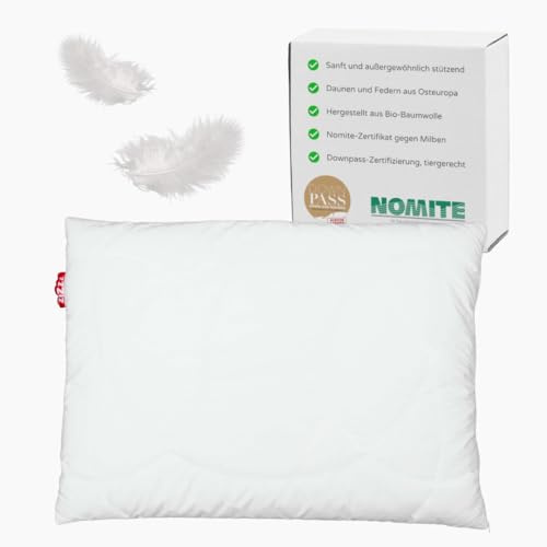 zizzz Enten Daunenkissen - Made in Germany - NoMite & Downpass Zertifiziert - Kissen aus 15% Entendaunen / 85% Entenfedern mit Bio Baumwoll Batist umhüllt (40x80)