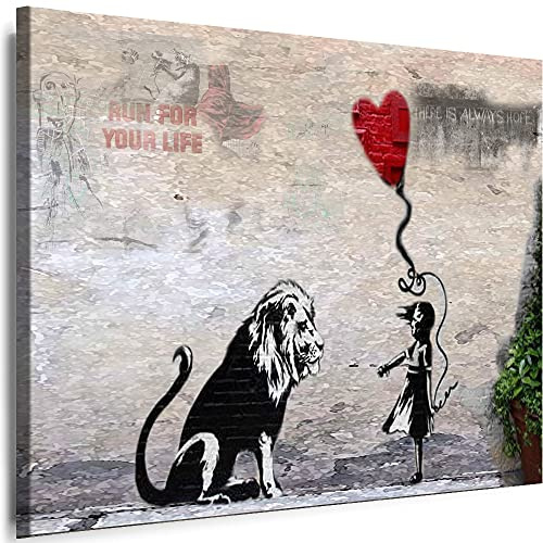 Myartstyle - Bilder Banksy Mädchen mit Löwe Street Art 60 x 40 cm Leinwandbilder Xxl - 1 Teilige Wandbilder Kunstdrucke w-aB-2041-7