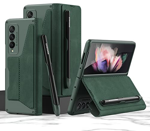 COQUE Galaxy Z Fold 3 5G, étui en Cuir Pliable à Rabat Mince avec Fente pour Stylo Velcro Amovible, Housse de téléphone Pliable pour Samsung Galaxy Z Fold 3 5G-Vert