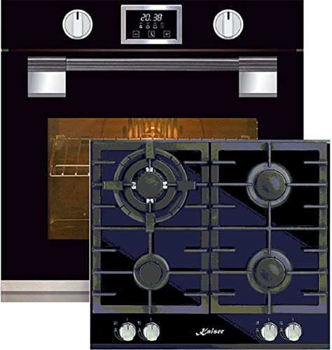 Kaiser Gasherd-Set EH 6338 S + KCG 6380, Einbau Backofen, Glastür mit SOFTCLOSE, 11 Funktionen, Temperatursonde, Bratautomatik +Einbau Gaskochfeld 60cm, Schwarz Glas, Einbau Herd mit WOK Adapter