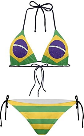 HUGS IDEA Sexy String Bikini Novelty Design Brazil Flag Print, Tie Side Thong Bottom Swimwear Padded Swimsuit for Women
