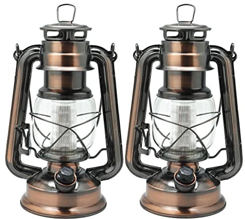 YAKii Vintage Metal Hanging Hurricane Lantern - 12 LED Dimmer Switch, Cold White Battery Operated Lantern for Power Outage, Indoor & Outdoor Use (Copper, 2 Pack)