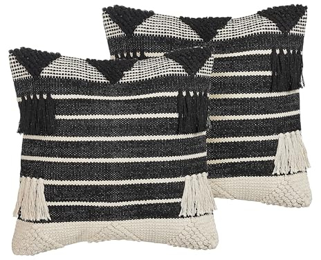 Dekokissen 2er Set beige/schwarz mit Fransen 50x50 cm geometrisch Chittoor